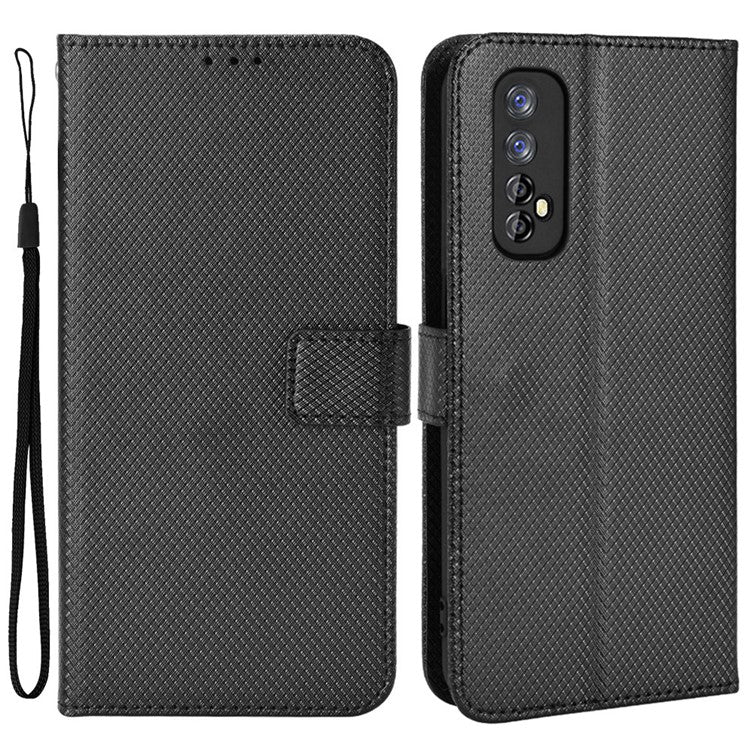 For Realme 7 (Global)/Realme Narzo 20 Pro Diamond Texture Phone Case Cover with Wallet Function PU Leather + TPU Stand Cell Phone Shell - Black