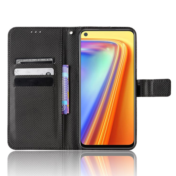 For Realme 7 (Global)/Realme Narzo 20 Pro Diamond Texture Phone Case Cover with Wallet Function PU Leather + TPU Stand Cell Phone Shell - Black
