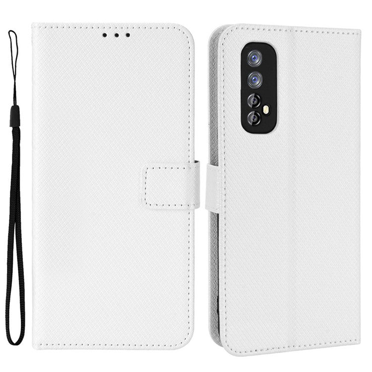 For Realme 7 (Global)/Realme Narzo 20 Pro Diamond Texture Phone Case Cover with Wallet Function PU Leather + TPU Stand Cell Phone Shell - White