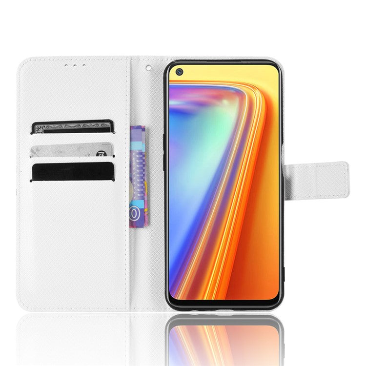 For Realme 7 (Global)/Realme Narzo 20 Pro Diamond Texture Phone Case Cover with Wallet Function PU Leather + TPU Stand Cell Phone Shell - White