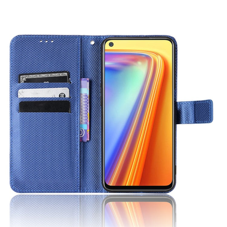 For Realme 7 (Global)/Realme Narzo 20 Pro Diamond Texture Phone Case Cover with Wallet Function PU Leather + TPU Stand Cell Phone Shell - Blue