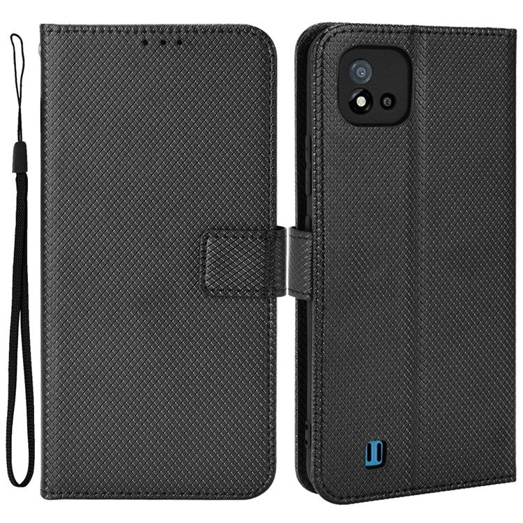 For Realme C11 (2021)/C20 Diamond Texture Fall Proof Phone Case Cover PU Leather Wallet Stand Cell Phone Shell with Strap - Black