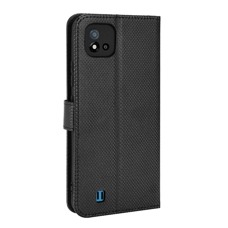 For Realme C11 (2021)/C20 Diamond Texture Fall Proof Phone Case Cover PU Leather Wallet Stand Cell Phone Shell with Strap - Black