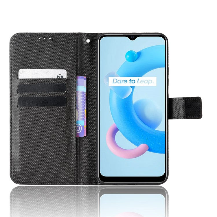 For Realme C11 (2021)/C20 Diamond Texture Fall Proof Phone Case Cover PU Leather Wallet Stand Cell Phone Shell with Strap - Black