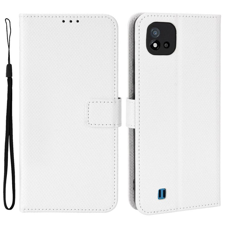 For Realme C11 (2021)/C20 Diamond Texture Fall Proof Phone Case Cover PU Leather Wallet Stand Cell Phone Shell with Strap - White