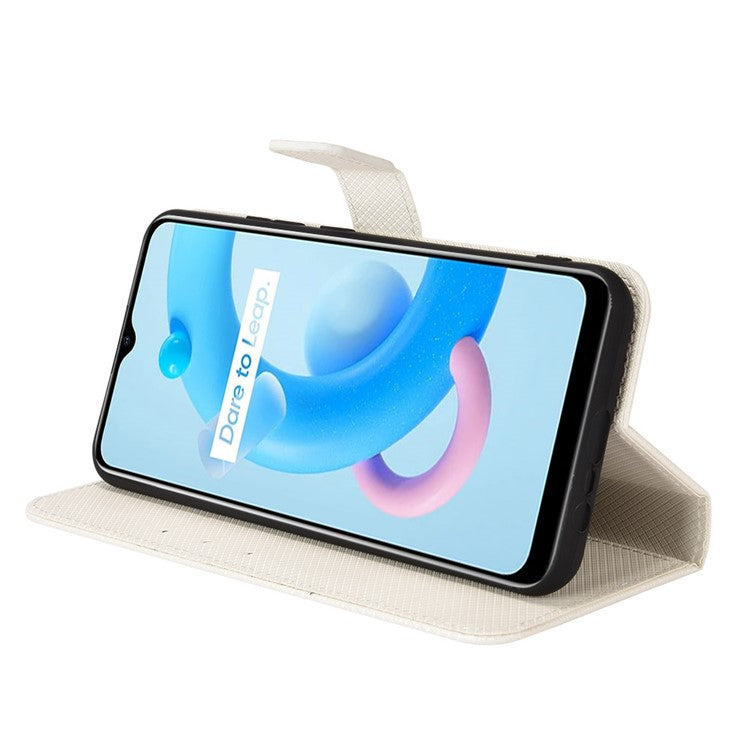 For Realme C11 (2021)/C20 Diamond Texture Fall Proof Phone Case Cover PU Leather Wallet Stand Cell Phone Shell with Strap - White
