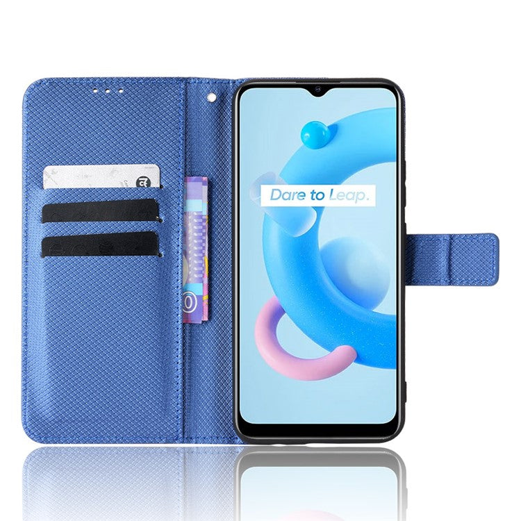 For Realme C11 (2021)/C20 Diamond Texture Fall Proof Phone Case Cover PU Leather Wallet Stand Cell Phone Shell with Strap - Blue