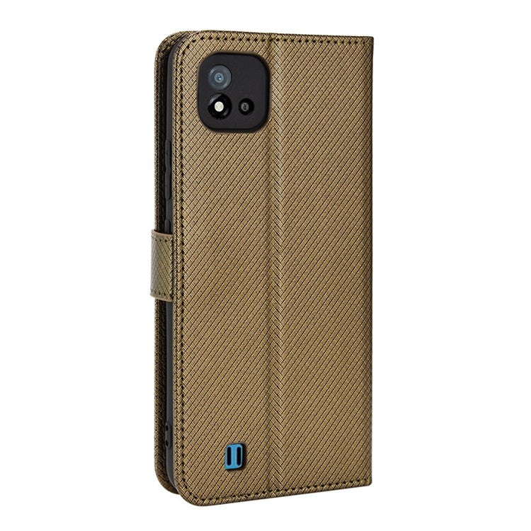 For Realme C11 (2021)/C20 Diamond Texture Fall Proof Phone Case Cover PU Leather Wallet Stand Cell Phone Shell with Strap - Brown