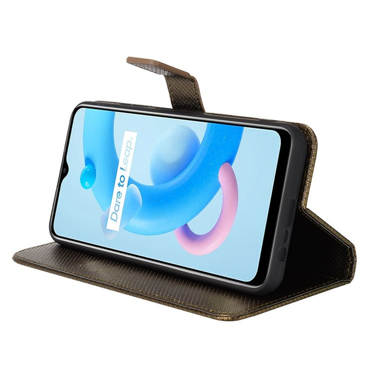 For Realme C11 (2021)/C20 Diamond Texture Fall Proof Phone Case Cover PU Leather Wallet Stand Cell Phone Shell with Strap - Brown