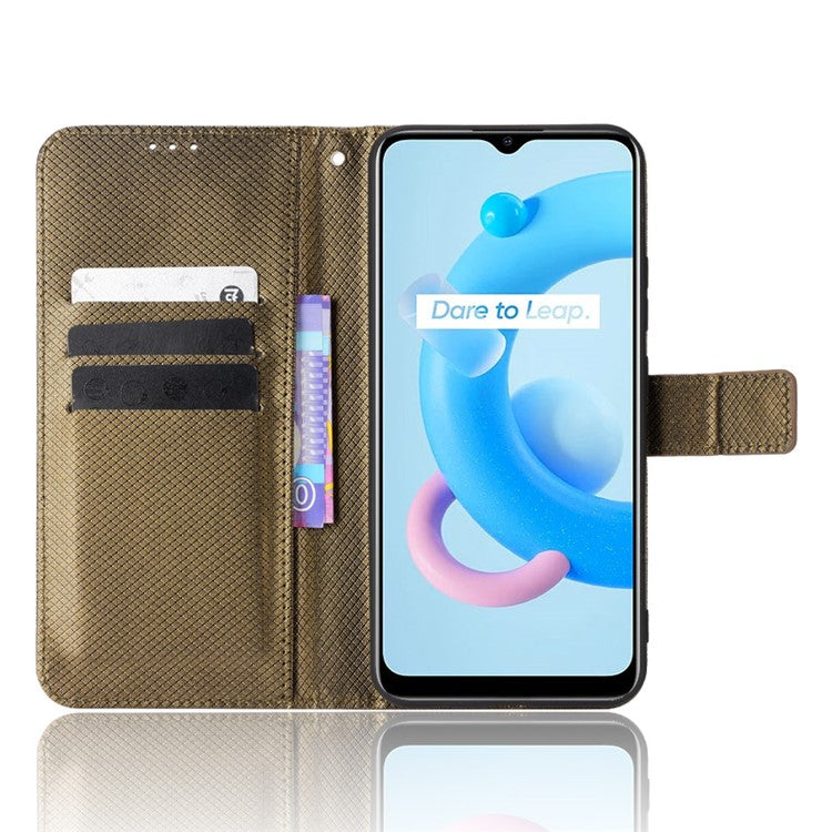 For Realme C11 (2021)/C20 Diamond Texture Fall Proof Phone Case Cover PU Leather Wallet Stand Cell Phone Shell with Strap - Brown