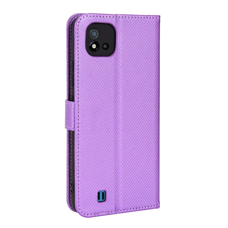 For Realme C11 (2021)/C20 Diamond Texture Fall Proof Phone Case Cover PU Leather Wallet Stand Cell Phone Shell with Strap - Purple