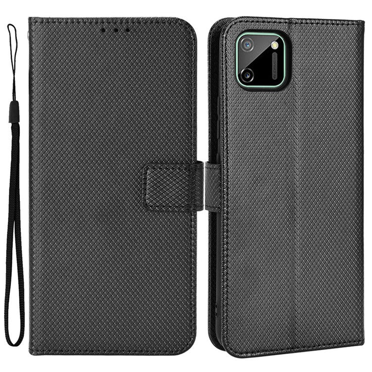 For Realme C11 Diamond Texture Phone Case Cover PU Leather Anti-scratch Wallet Stand Cell Phone Shell with Strap - Black