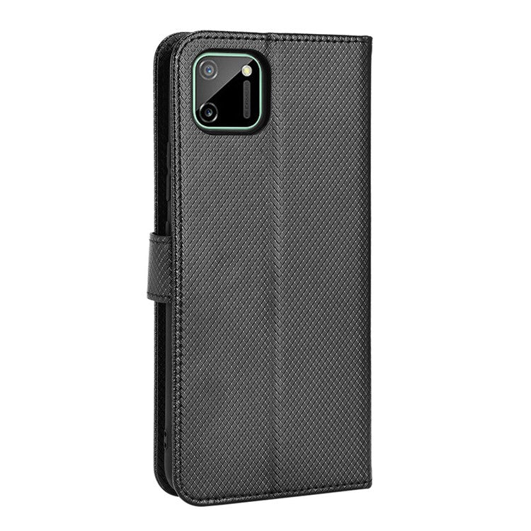 For Realme C11 Diamond Texture Phone Case Cover PU Leather Anti-scratch Wallet Stand Cell Phone Shell with Strap - Black