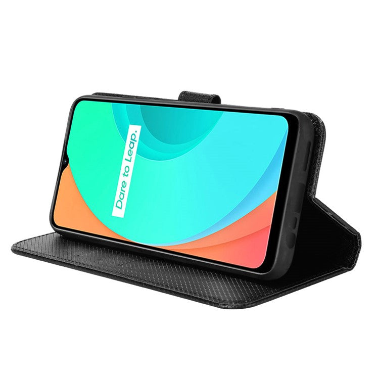 For Realme C11 Diamond Texture Phone Case Cover PU Leather Anti-scratch Wallet Stand Cell Phone Shell with Strap - Black