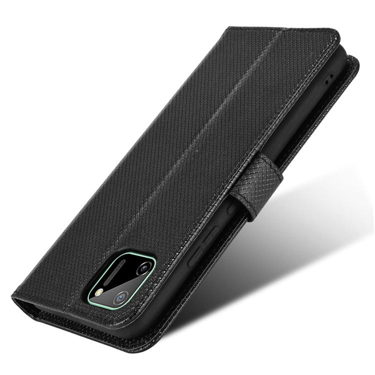 For Realme C11 Diamond Texture Phone Case Cover PU Leather Anti-scratch Wallet Stand Cell Phone Shell with Strap - Black