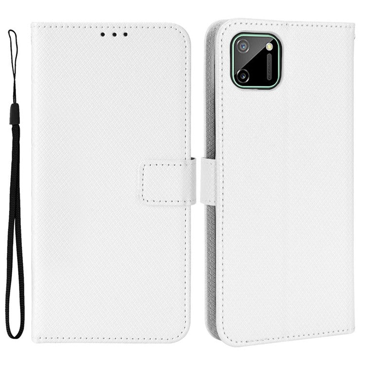For Realme C11 Diamond Texture Phone Case Cover PU Leather Anti-scratch Wallet Stand Cell Phone Shell with Strap - White