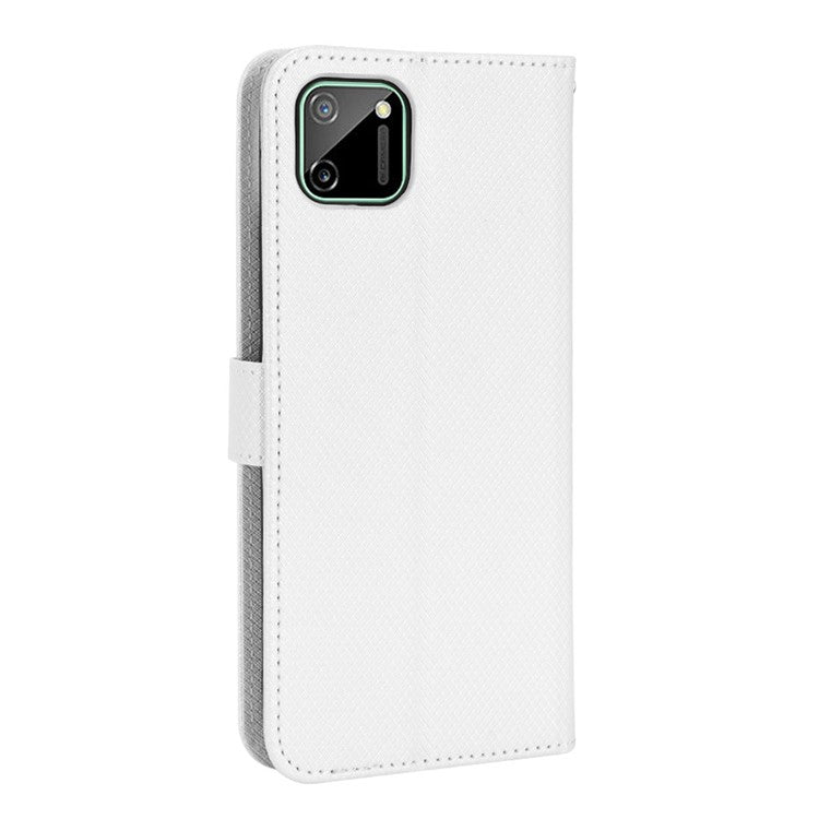 For Realme C11 Diamond Texture Phone Case Cover PU Leather Anti-scratch Wallet Stand Cell Phone Shell with Strap - White