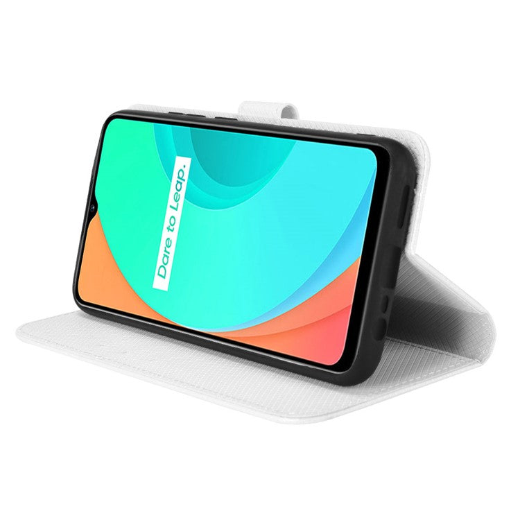 For Realme C11 Diamond Texture Phone Case Cover PU Leather Anti-scratch Wallet Stand Cell Phone Shell with Strap - White