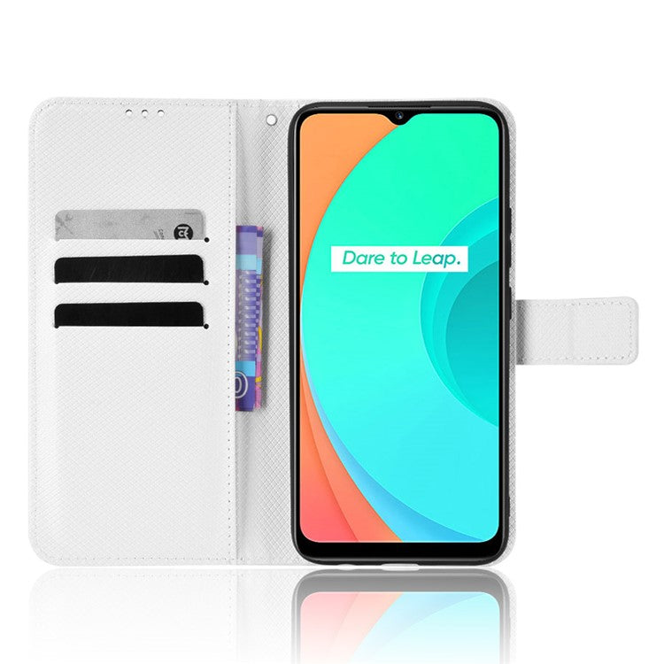 For Realme C11 Diamond Texture Phone Case Cover PU Leather Anti-scratch Wallet Stand Cell Phone Shell with Strap - White