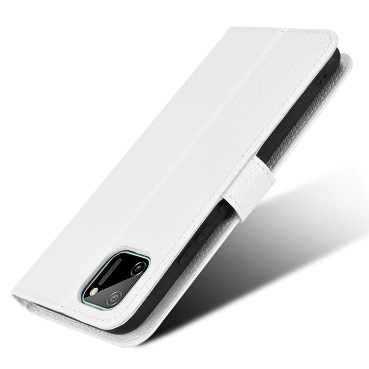 For Realme C11 Diamond Texture Phone Case Cover PU Leather Anti-scratch Wallet Stand Cell Phone Shell with Strap - White
