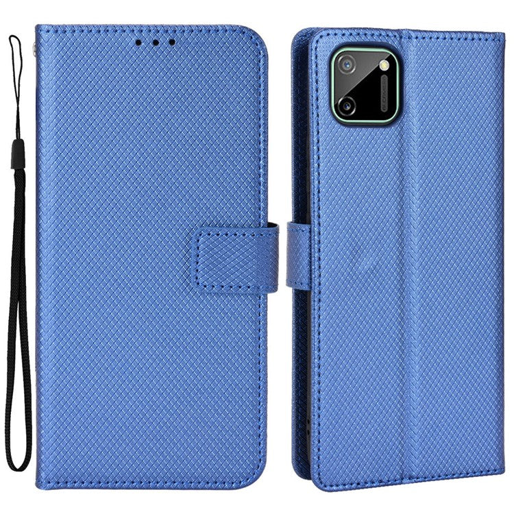 For Realme C11 Diamond Texture Phone Case Cover PU Leather Anti-scratch Wallet Stand Cell Phone Shell with Strap - Blue