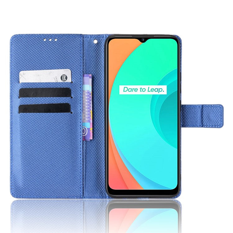 For Realme C11 Diamond Texture Phone Case Cover PU Leather Anti-scratch Wallet Stand Cell Phone Shell with Strap - Blue