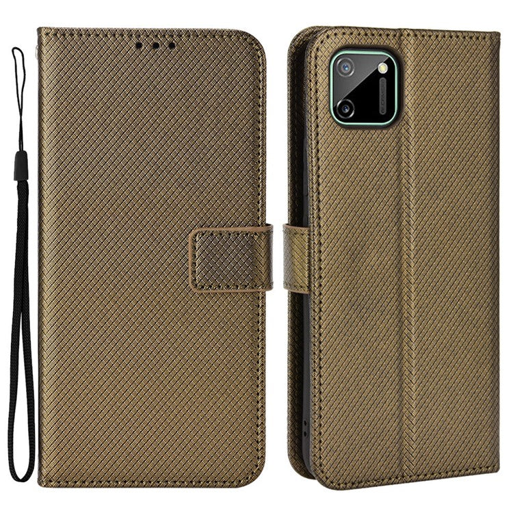 For Realme C11 Diamond Texture Phone Case Cover PU Leather Anti-scratch Wallet Stand Cell Phone Shell with Strap - Brown