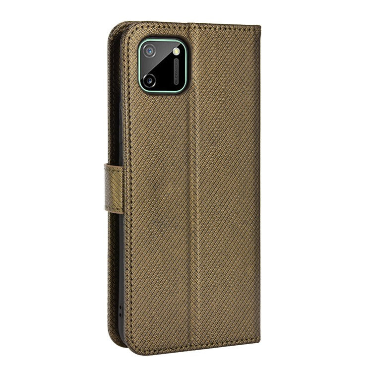 For Realme C11 Diamond Texture Phone Case Cover PU Leather Anti-scratch Wallet Stand Cell Phone Shell with Strap - Brown