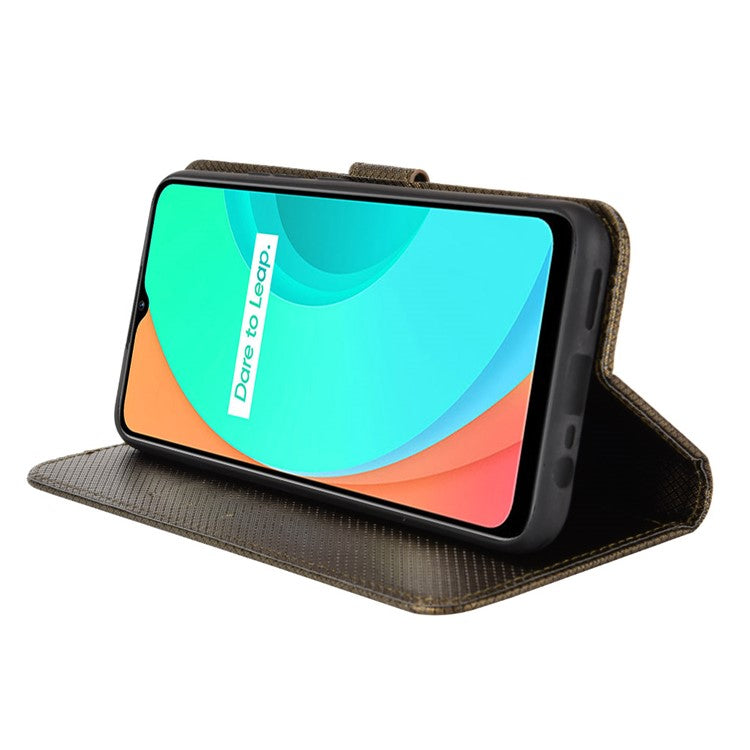 For Realme C11 Diamond Texture Phone Case Cover PU Leather Anti-scratch Wallet Stand Cell Phone Shell with Strap - Brown