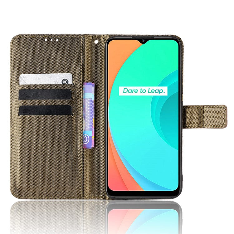 For Realme C11 Diamond Texture Phone Case Cover PU Leather Anti-scratch Wallet Stand Cell Phone Shell with Strap - Brown