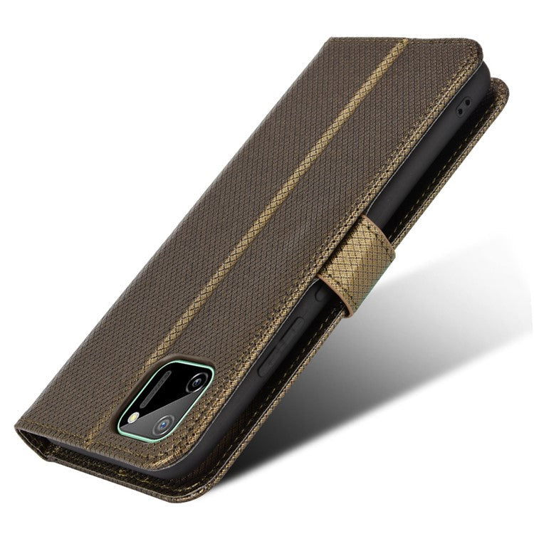 For Realme C11 Diamond Texture Phone Case Cover PU Leather Anti-scratch Wallet Stand Cell Phone Shell with Strap - Brown