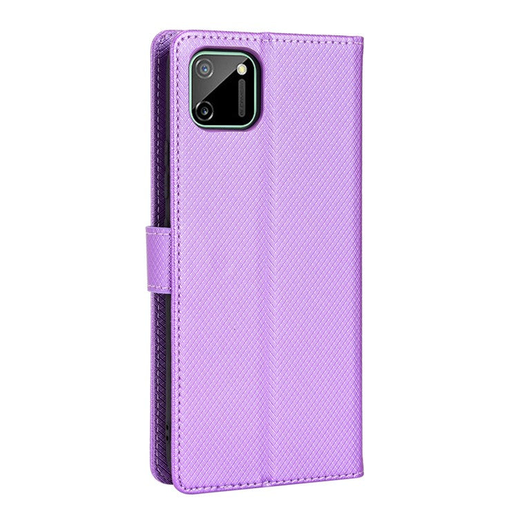 For Realme C11 Diamond Texture Phone Case Cover PU Leather Anti-scratch Wallet Stand Cell Phone Shell with Strap - Purple