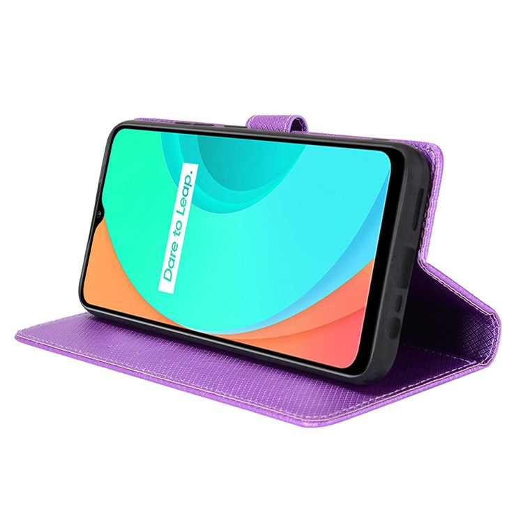 For Realme C11 Diamond Texture Phone Case Cover PU Leather Anti-scratch Wallet Stand Cell Phone Shell with Strap - Purple