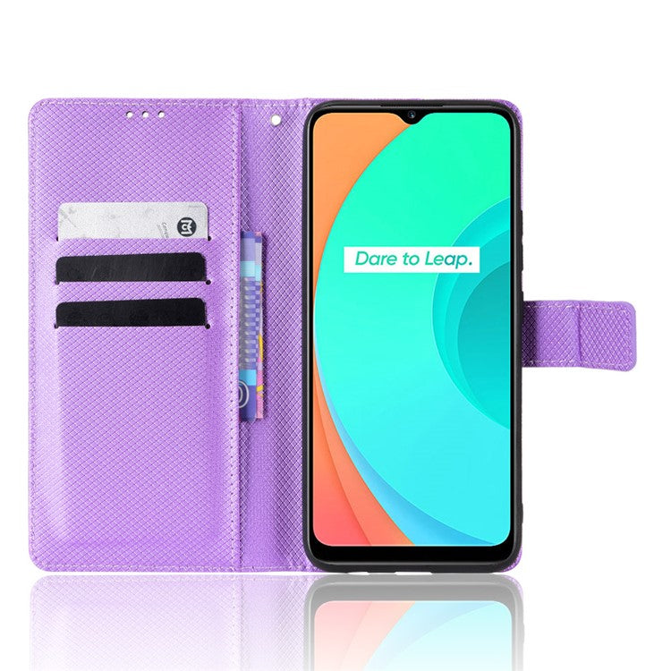 For Realme C11 Diamond Texture Phone Case Cover PU Leather Anti-scratch Wallet Stand Cell Phone Shell with Strap - Purple
