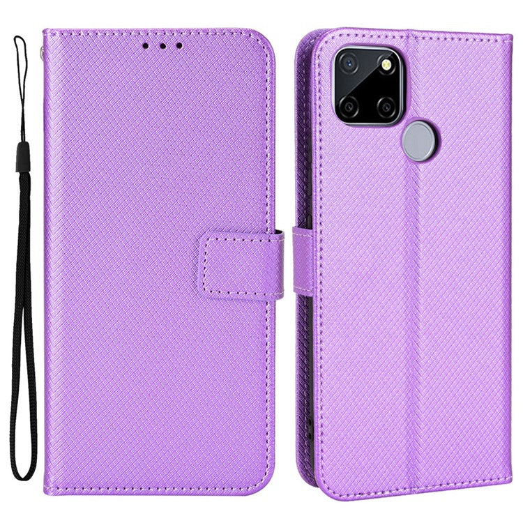 For Realme C12/C25/Narzo 20 Diamond Texture Phone Case Cover Fully Wrapped PU Leather Wallet Stand Cell Phone Shell with Strap - Purple