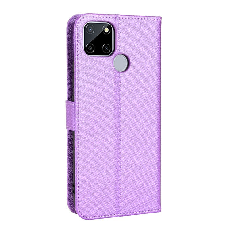 For Realme C12/C25/Narzo 20 Diamond Texture Phone Case Cover Fully Wrapped PU Leather Wallet Stand Cell Phone Shell with Strap - Purple