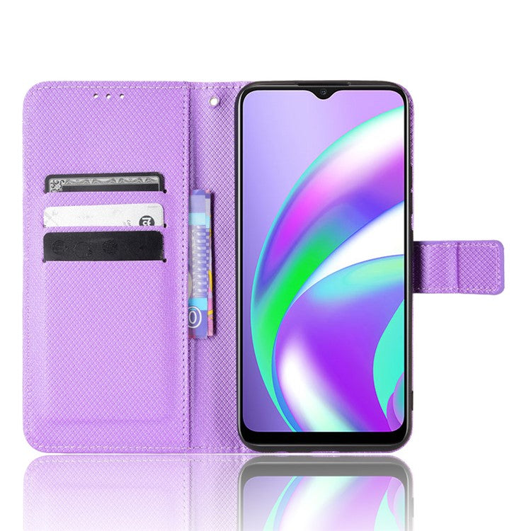 For Realme C12/C25/Narzo 20 Diamond Texture Phone Case Cover Fully Wrapped PU Leather Wallet Stand Cell Phone Shell with Strap - Purple