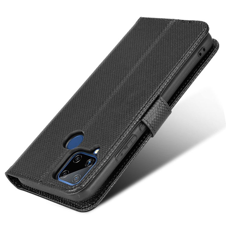 For Realme C15 Diamond Texture Magnetic Clasp Phone Case Cover PU Leather Wallet Stand Cell Phone Shell with Strap - Black