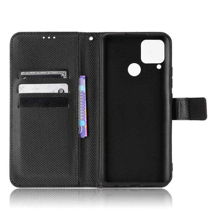 For Realme C15 Diamond Texture Magnetic Clasp Phone Case Cover PU Leather Wallet Stand Cell Phone Shell with Strap - Black