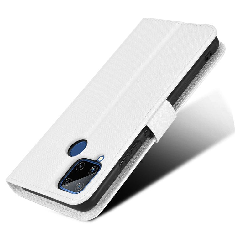 For Realme C15 Diamond Texture Magnetic Clasp Phone Case Cover PU Leather Wallet Stand Cell Phone Shell with Strap - White