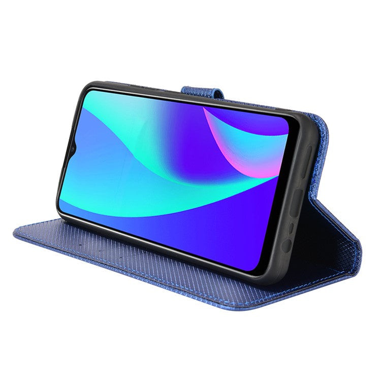 For Realme C15 Diamond Texture Magnetic Clasp Phone Case Cover PU Leather Wallet Stand Cell Phone Shell with Strap - Blue