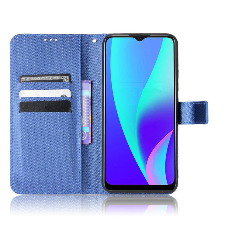 For Realme C15 Diamond Texture Magnetic Clasp Phone Case Cover PU Leather Wallet Stand Cell Phone Shell with Strap - Blue