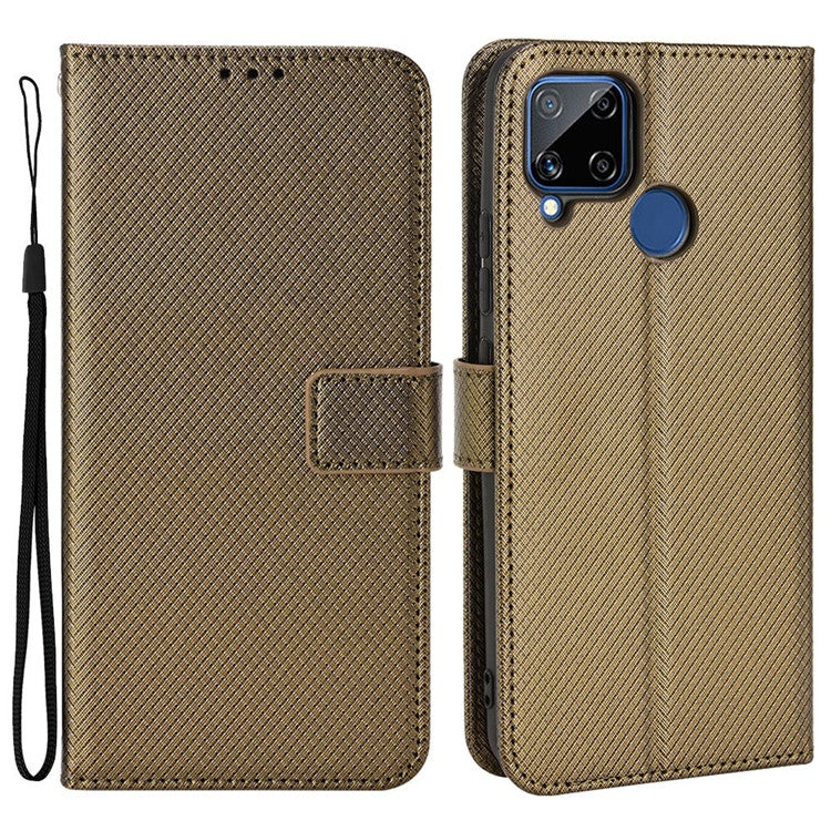 For Realme C15 Diamond Texture Magnetic Clasp Phone Case Cover PU Leather Wallet Stand Cell Phone Shell with Strap - Brown