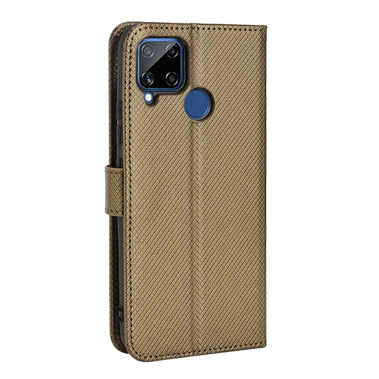 For Realme C15 Diamond Texture Magnetic Clasp Phone Case Cover PU Leather Wallet Stand Cell Phone Shell with Strap - Brown