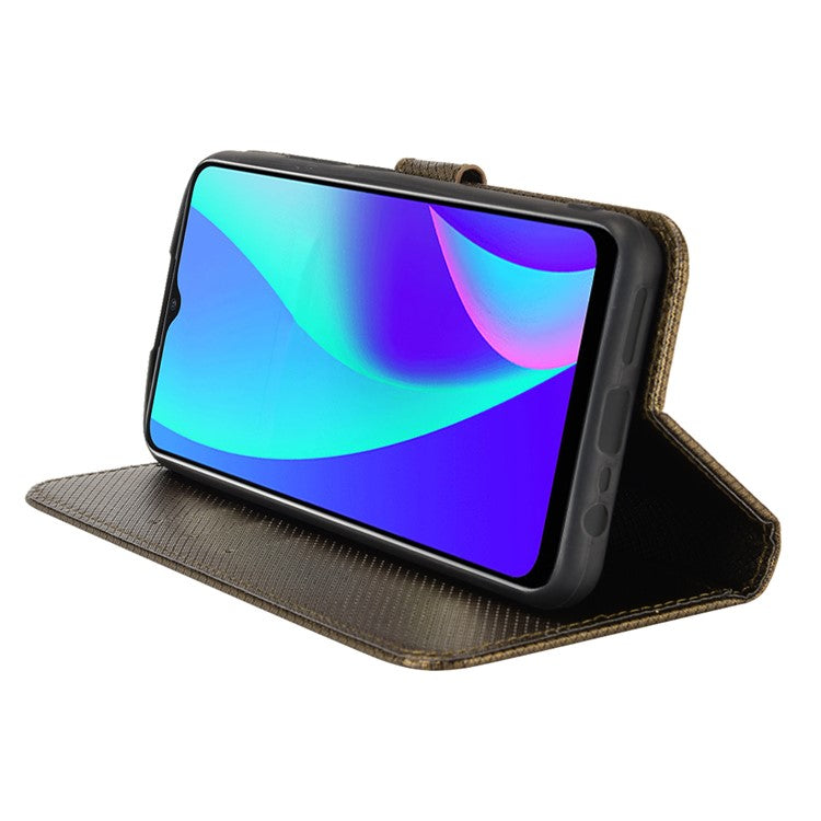 For Realme C15 Diamond Texture Magnetic Clasp Phone Case Cover PU Leather Wallet Stand Cell Phone Shell with Strap - Brown