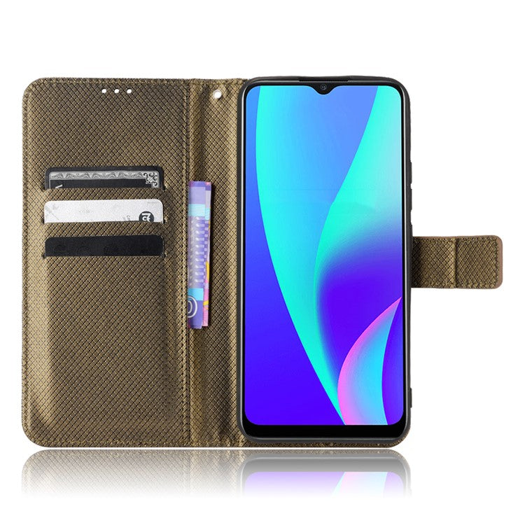 For Realme C15 Diamond Texture Magnetic Clasp Phone Case Cover PU Leather Wallet Stand Cell Phone Shell with Strap - Brown