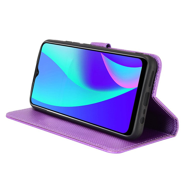 For Realme C15 Diamond Texture Magnetic Clasp Phone Case Cover PU Leather Wallet Stand Cell Phone Shell with Strap - Purple