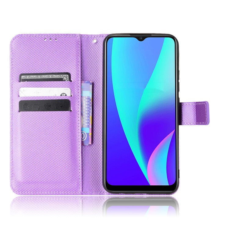 For Realme C15 Diamond Texture Magnetic Clasp Phone Case Cover PU Leather Wallet Stand Cell Phone Shell with Strap - Purple