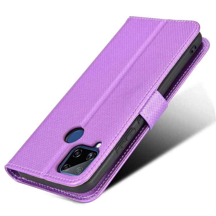 For Realme C15 Diamond Texture Magnetic Clasp Phone Case Cover PU Leather Wallet Stand Cell Phone Shell with Strap - Purple