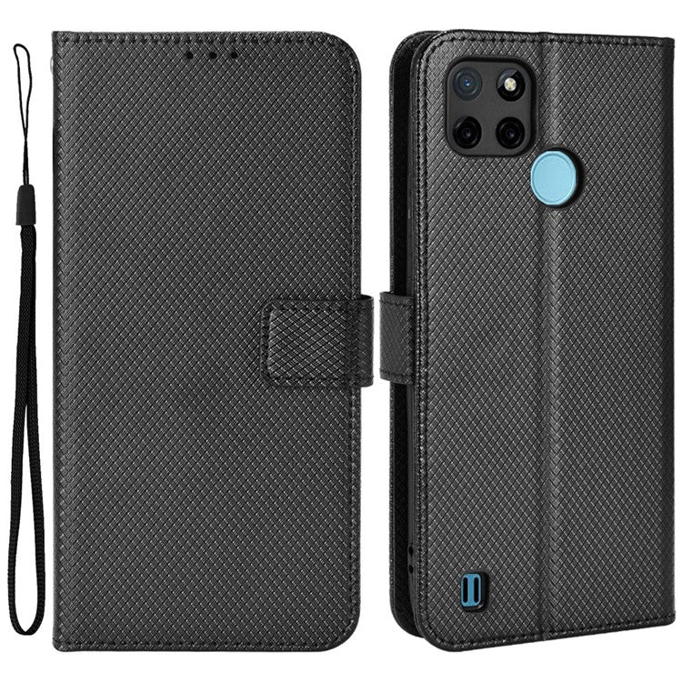 For Realme C21Y/C25Y Diamond Texture Phone Case Cover PU Leather Full Protection Wallet Stand Cell Phone Shell with Strap - Black